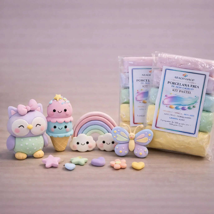 Porcelana fría cremosa pastel AradiaShop con figuras de ejemplo en colores suaves para modelado