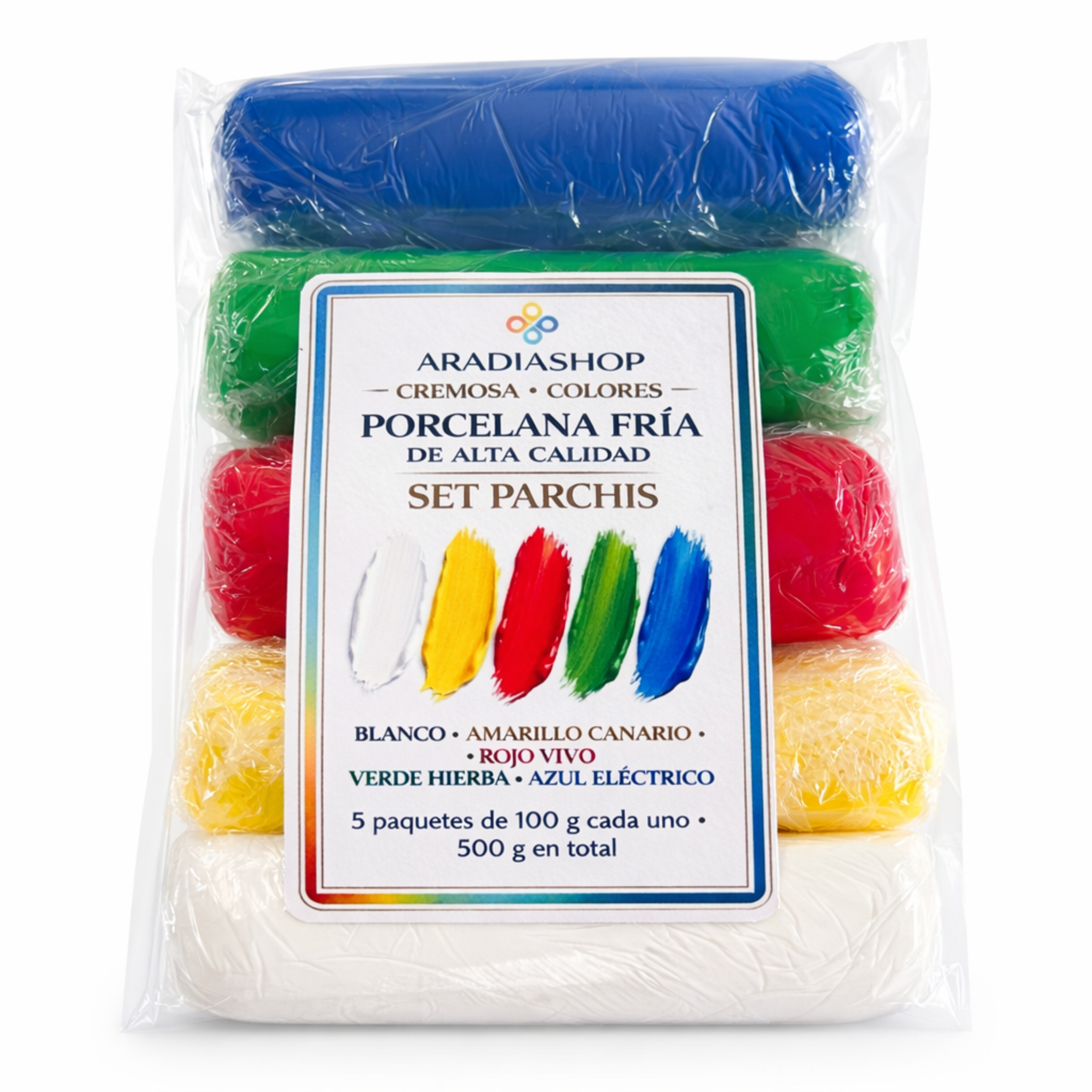 Set porcelana fria cremosa parchis 500g AradiaShop con 5 colores primarios para modelado