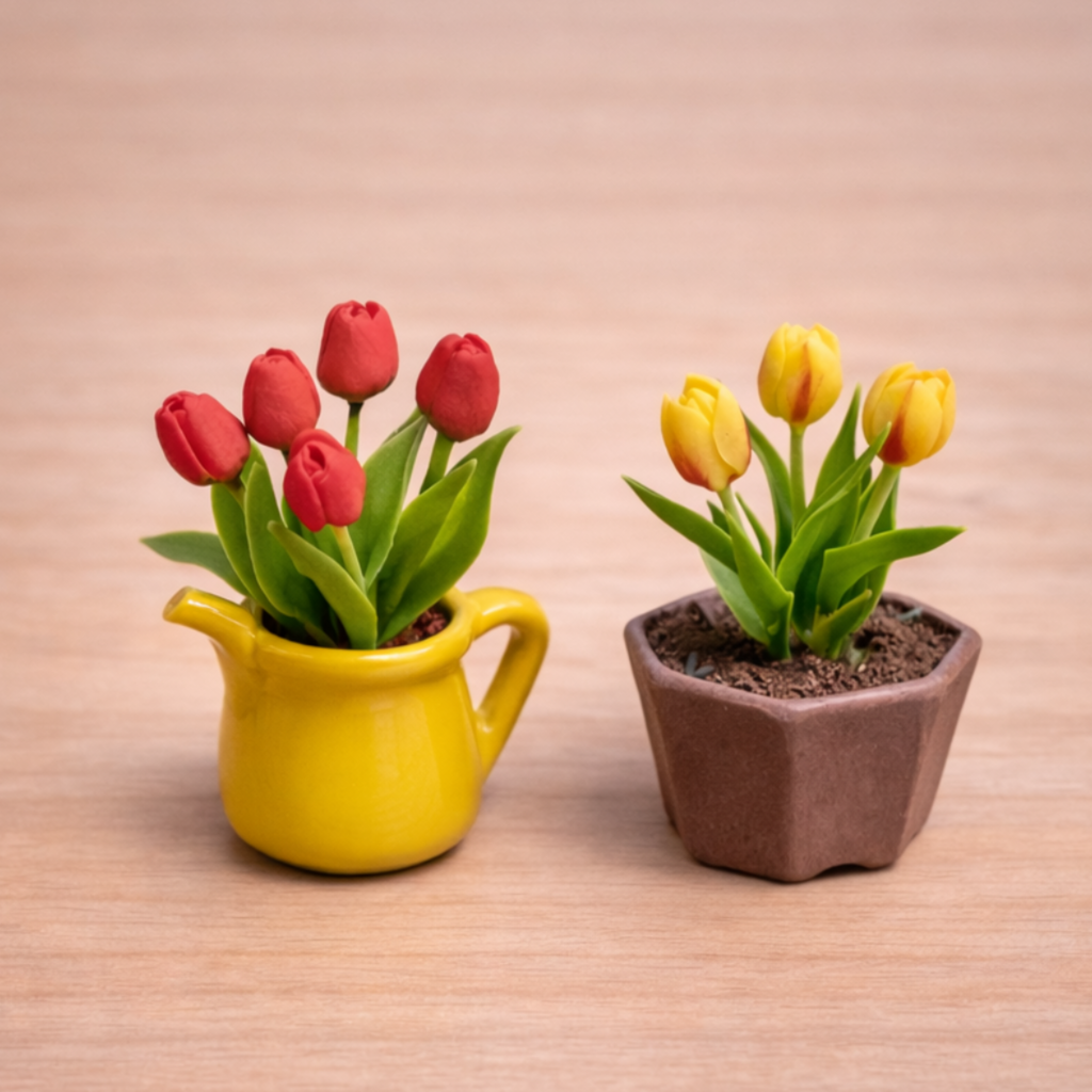 Tulipanes en miniatura realizados con porcelana fria en macetas usando cortadores AradiaShop